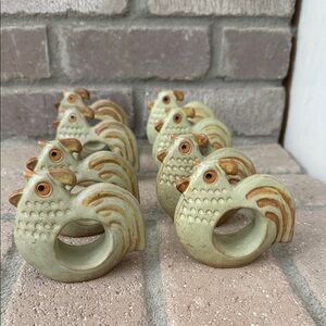 Rustic Ceramic Rooster Napkin Rings - made in Japan 8 total